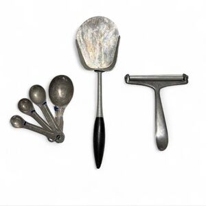 Vintage Utensil Lot Stainless Steel Oval Measuring Spoons Cheese Slicer Spatula